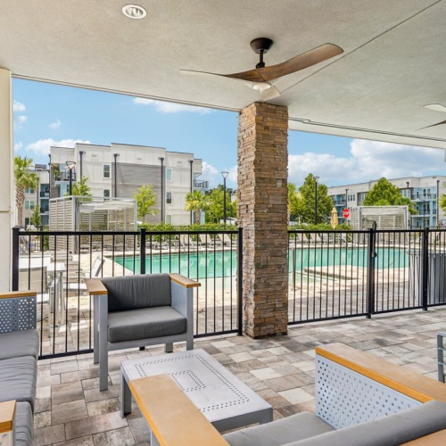 Covered outdoor patio with furniture and ceiling fans